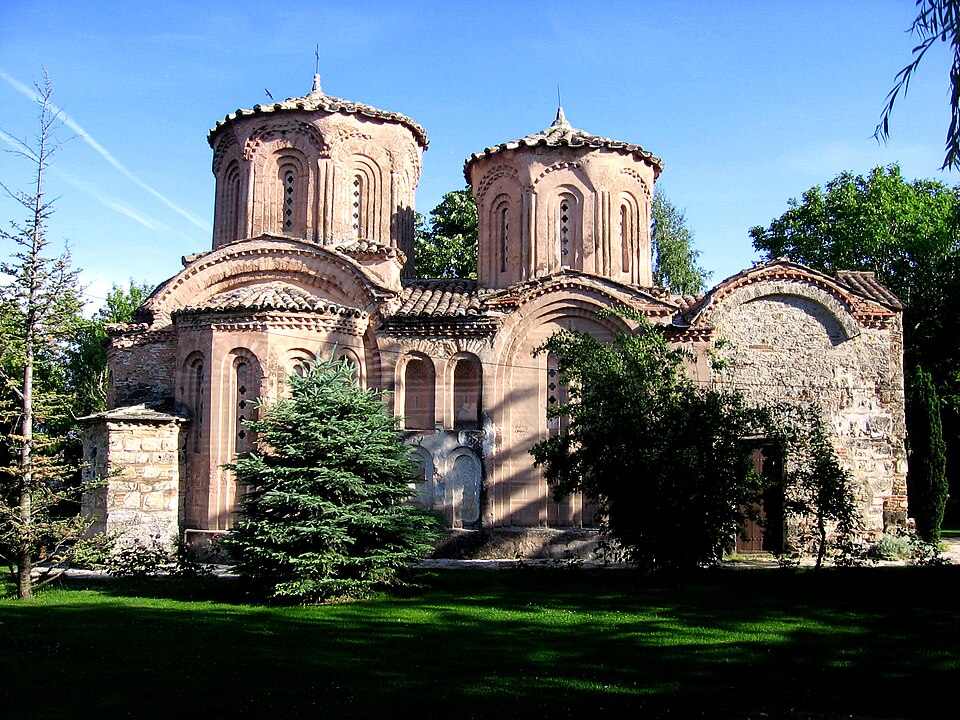 The brick church and domes at Veljusa Monastery.